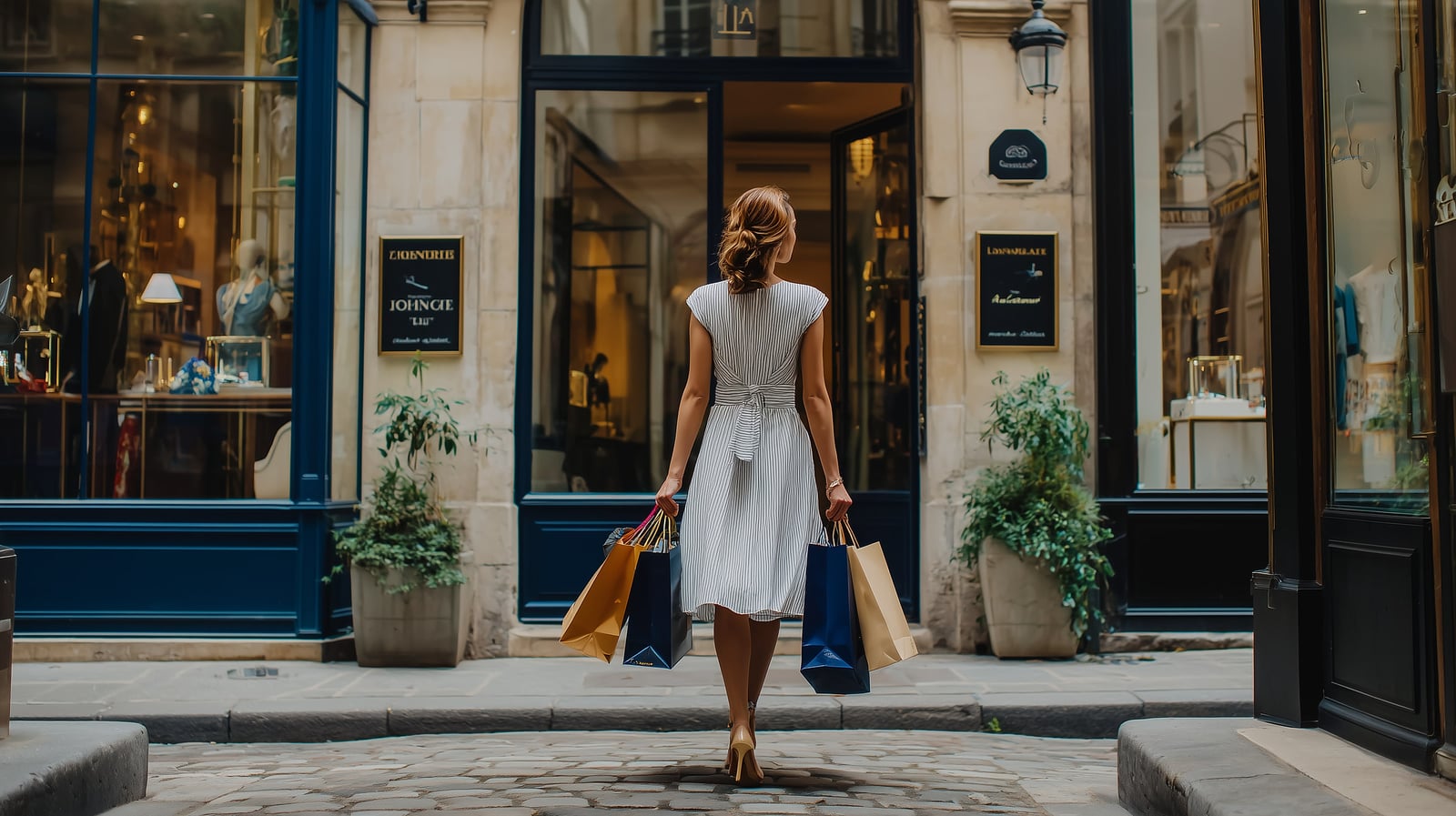 Femme avec des sacs de shopping dans une rue parisienne